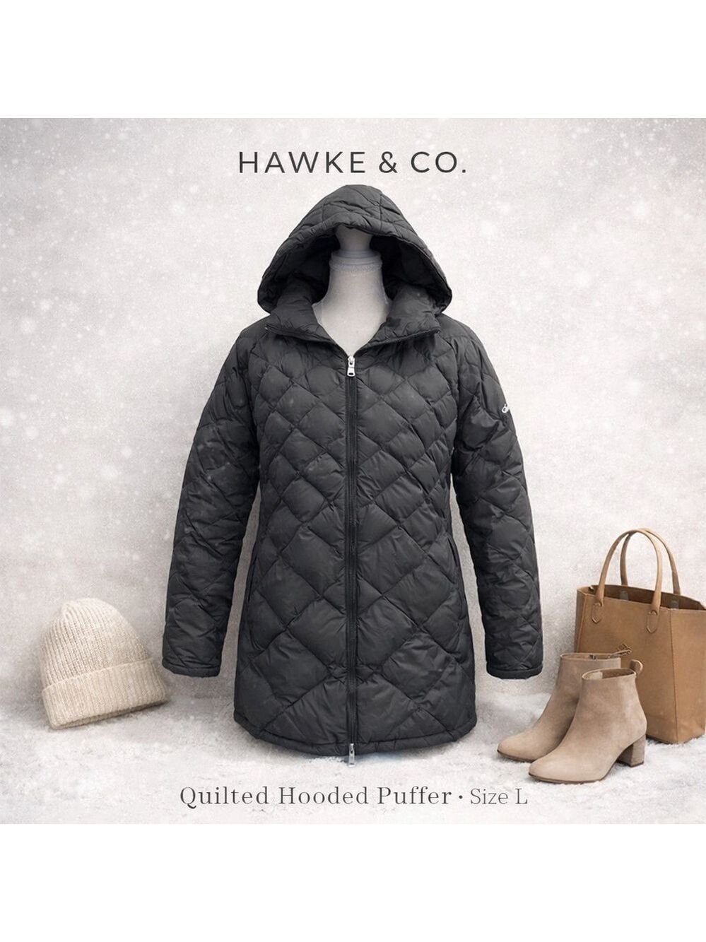 Hawke & Co Coat Hooded Quilted Puffer Coat Gray Size L Feather Print Lining